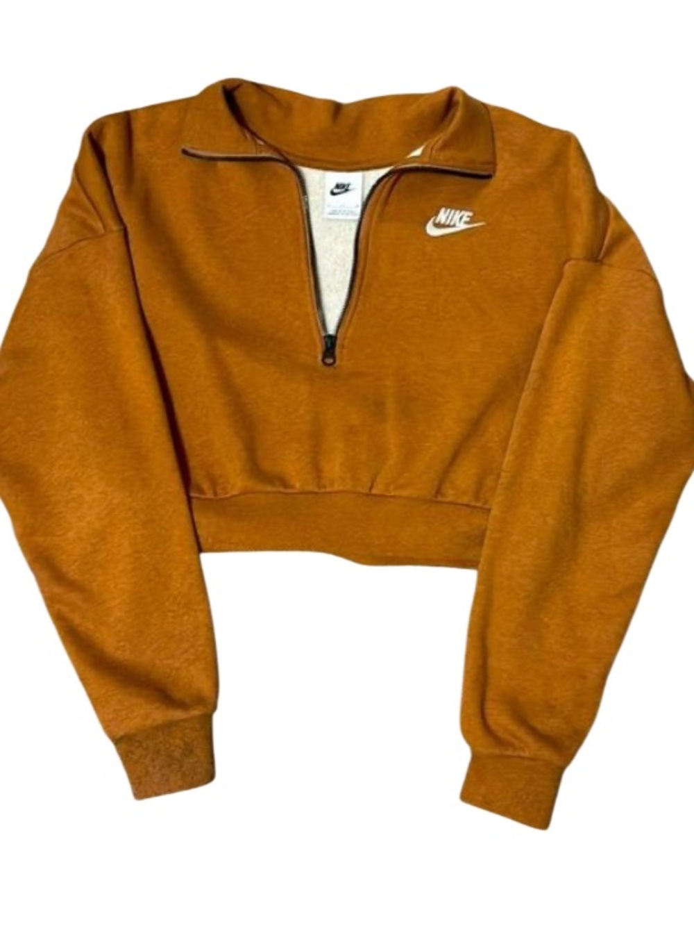 Nike Cropped Half-Zip Sweatshirt in Rustic Orange. Size M. Athlesiure.